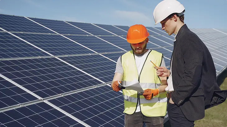 Technieker en klant overlopen plannen bij zonnepanelen