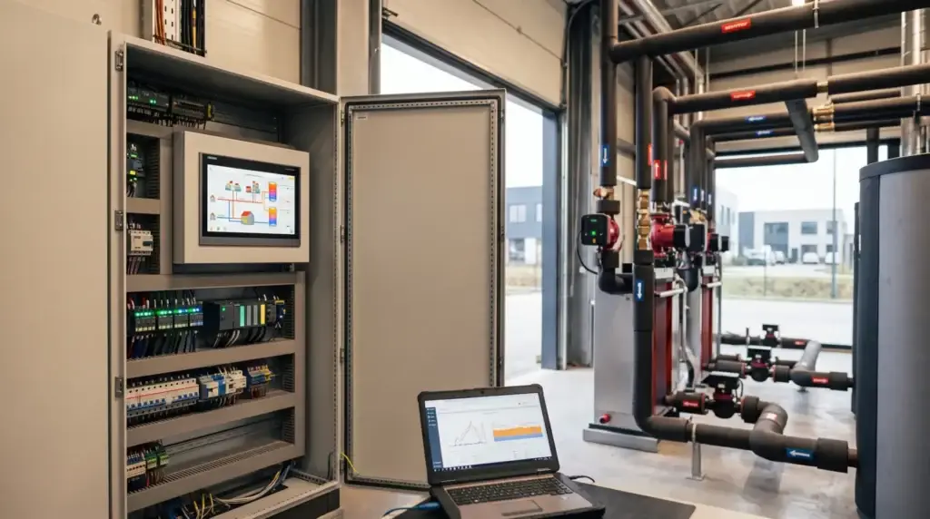 Technische ruimte met regelkast en touchscreen voor een warmtenet