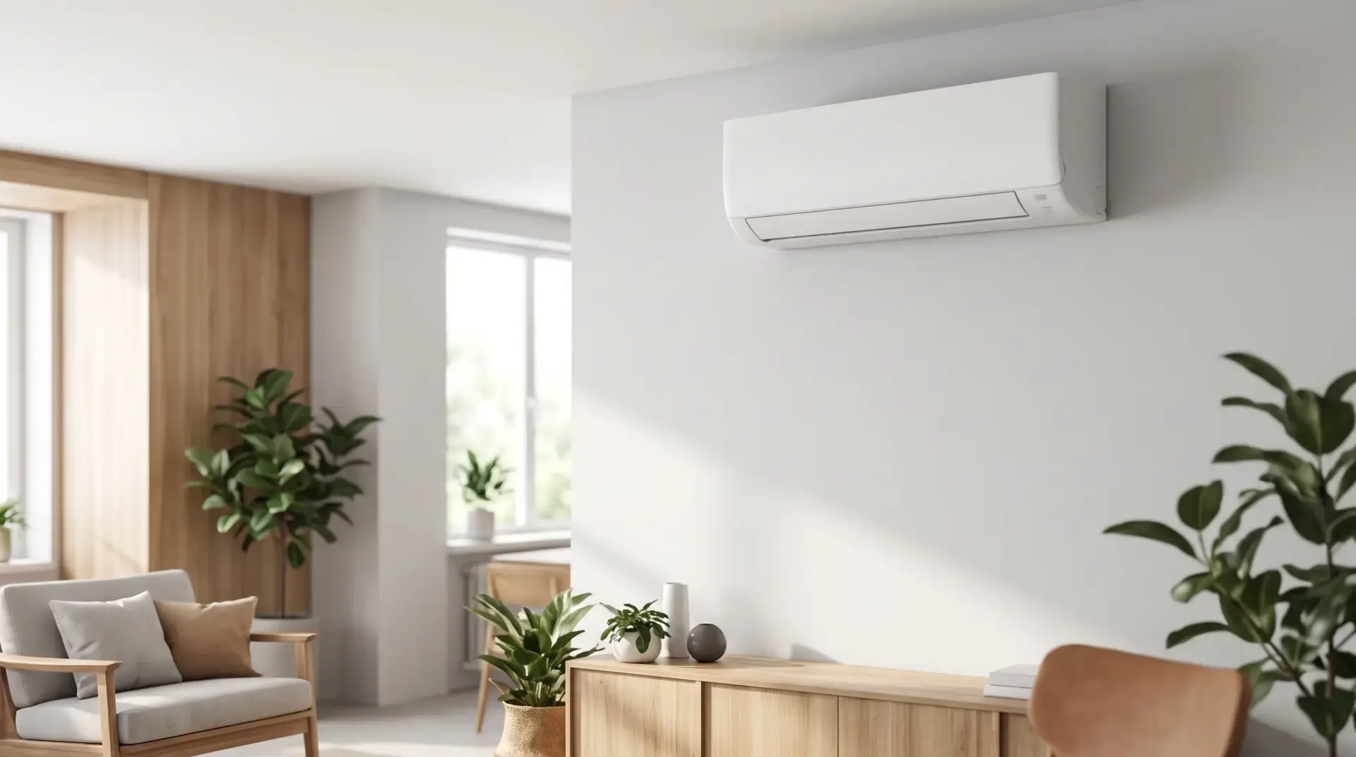 Airco-binnentoestel aan de muur van een lichte woonkamer