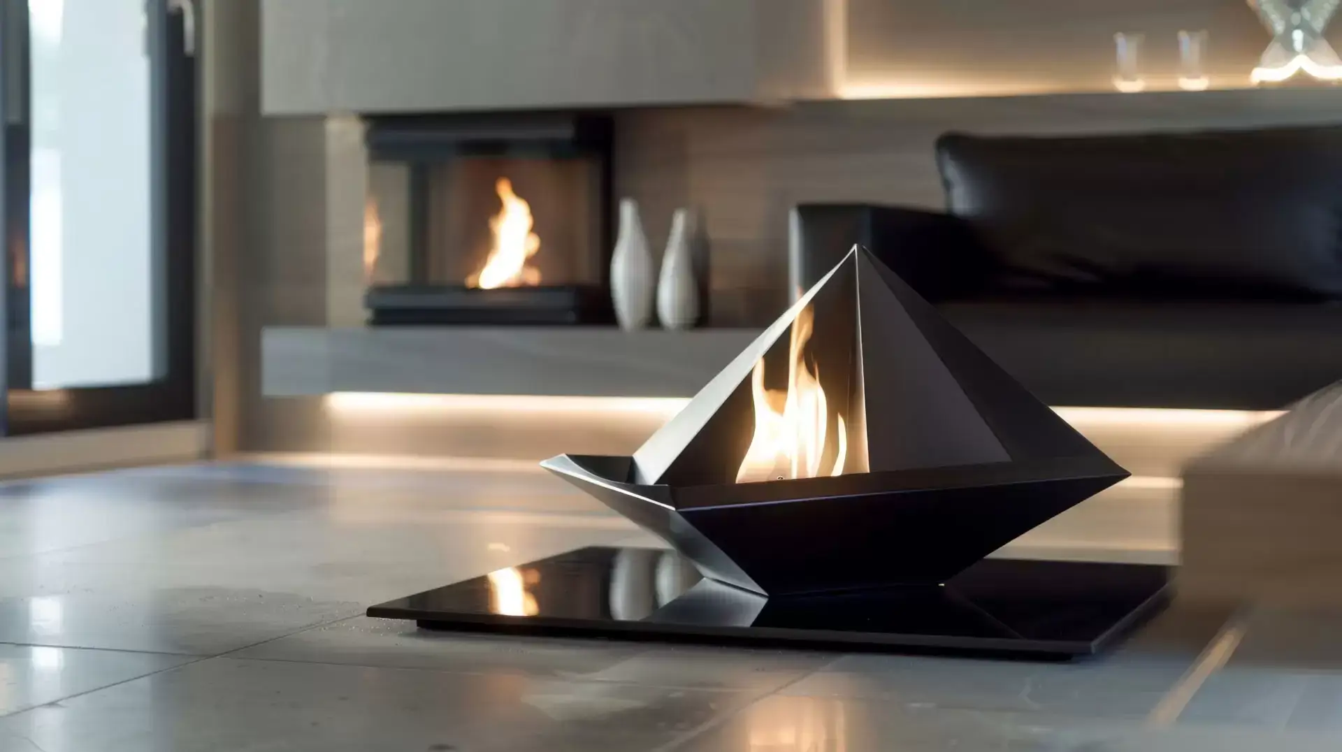 Moderne designhaard met vuur in een lichte woonkamer