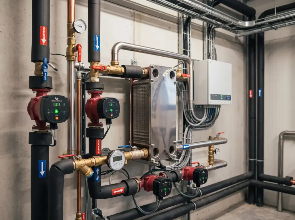 Pompen en leidingen van een warmtenet in een technische ruimte
